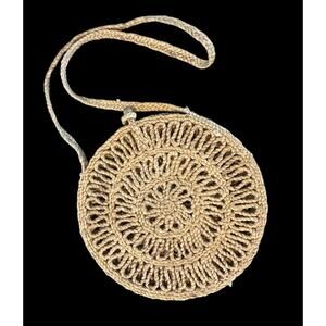 Round Woven Straw Jute Rattan Crossbody Bag Unlined 9" Boho Shoulder Flat Purse